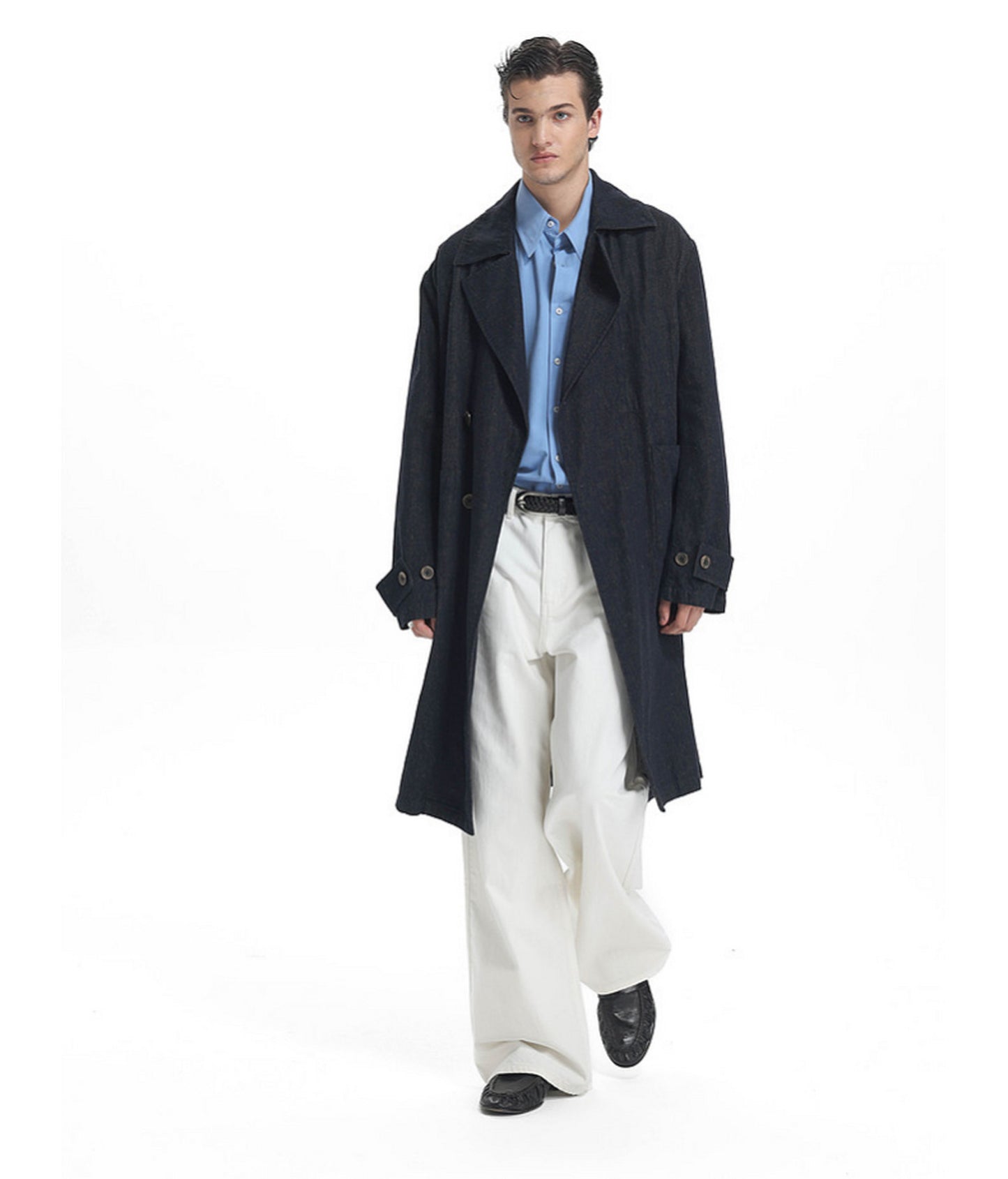 Linen-Blend Denim Trench Coat　