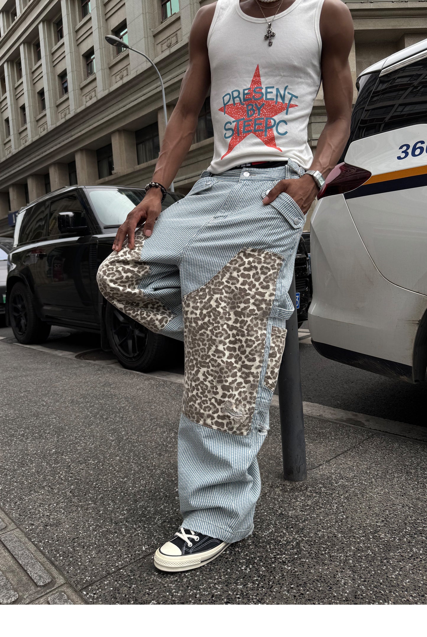 Leopard-Print Patchwork Denim Shorts