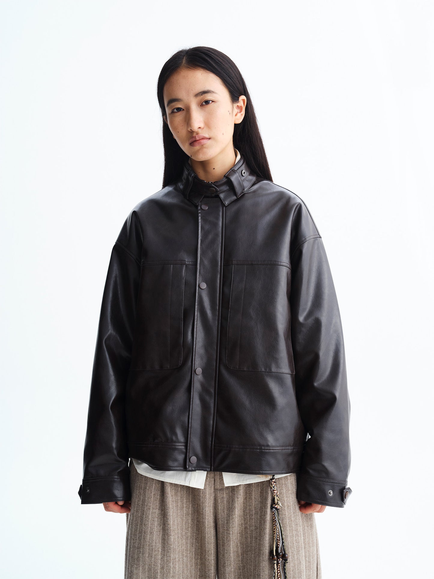 Stand Collar Eco-Friendly Leather Jacket