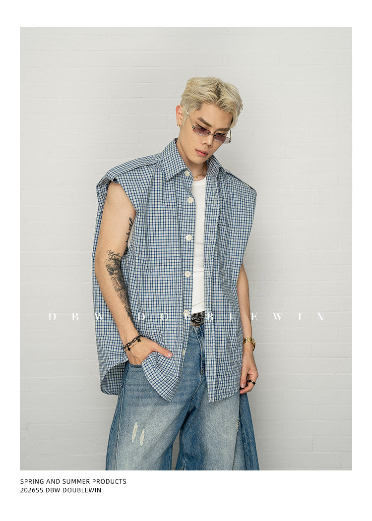 체크 민소매 셔츠