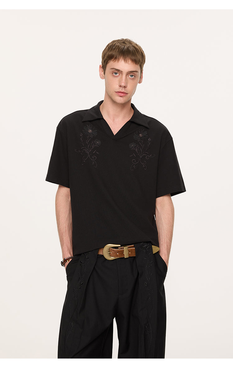 Embroidered V-neck polo shirt
