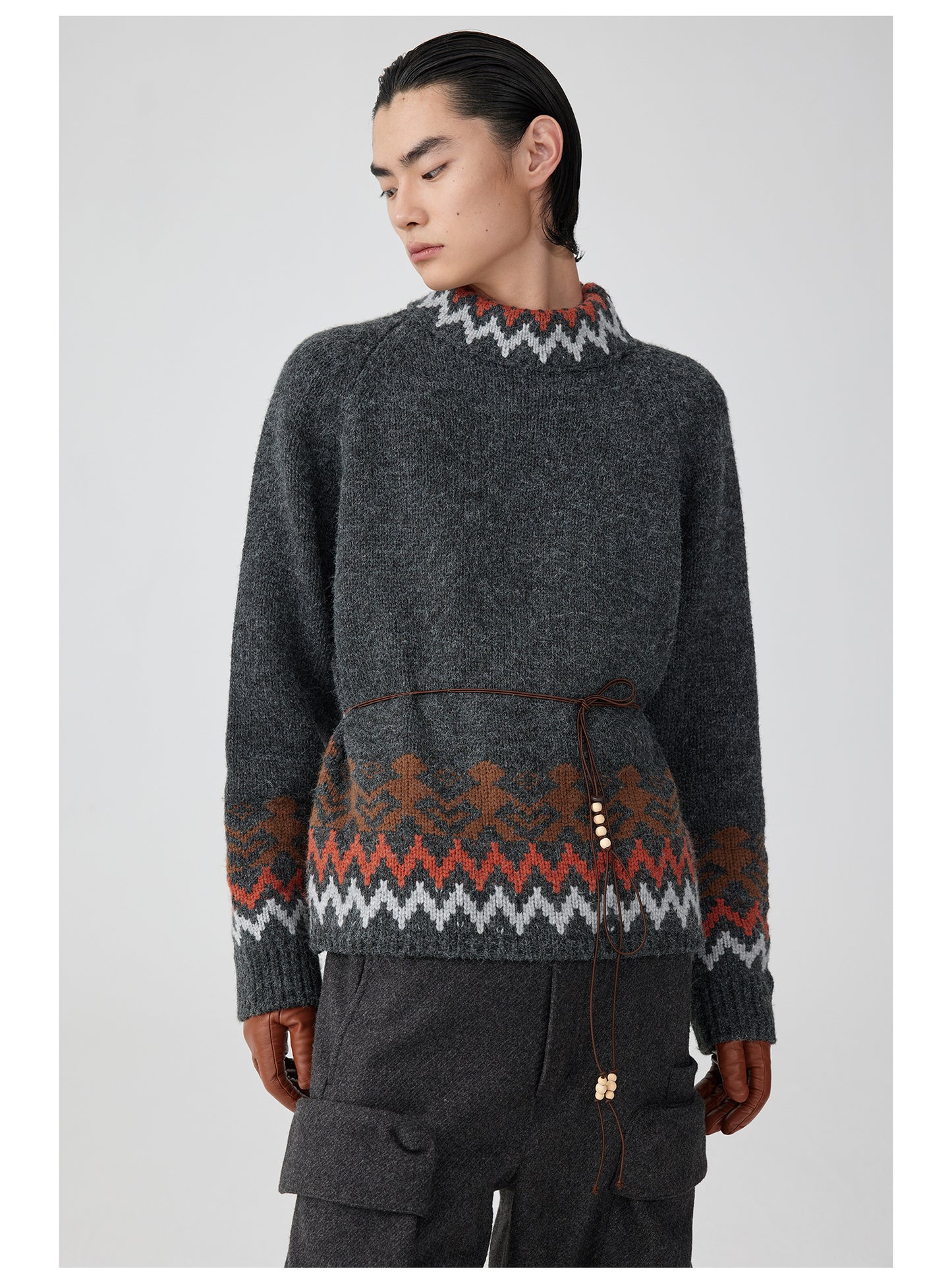 Ethnic Pattern Side Zip Turtleneck Sweater