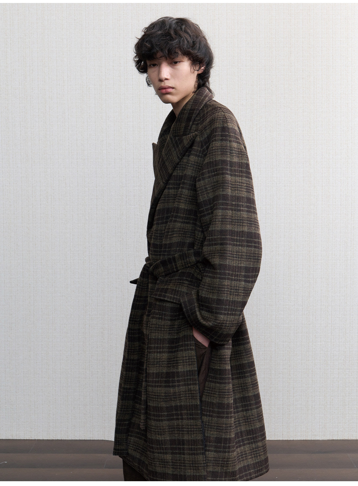 Long Wool Coat with a Check Pattern