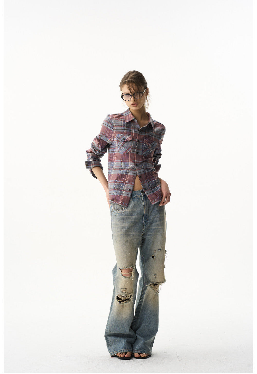 Short Check Embroidered Shirt