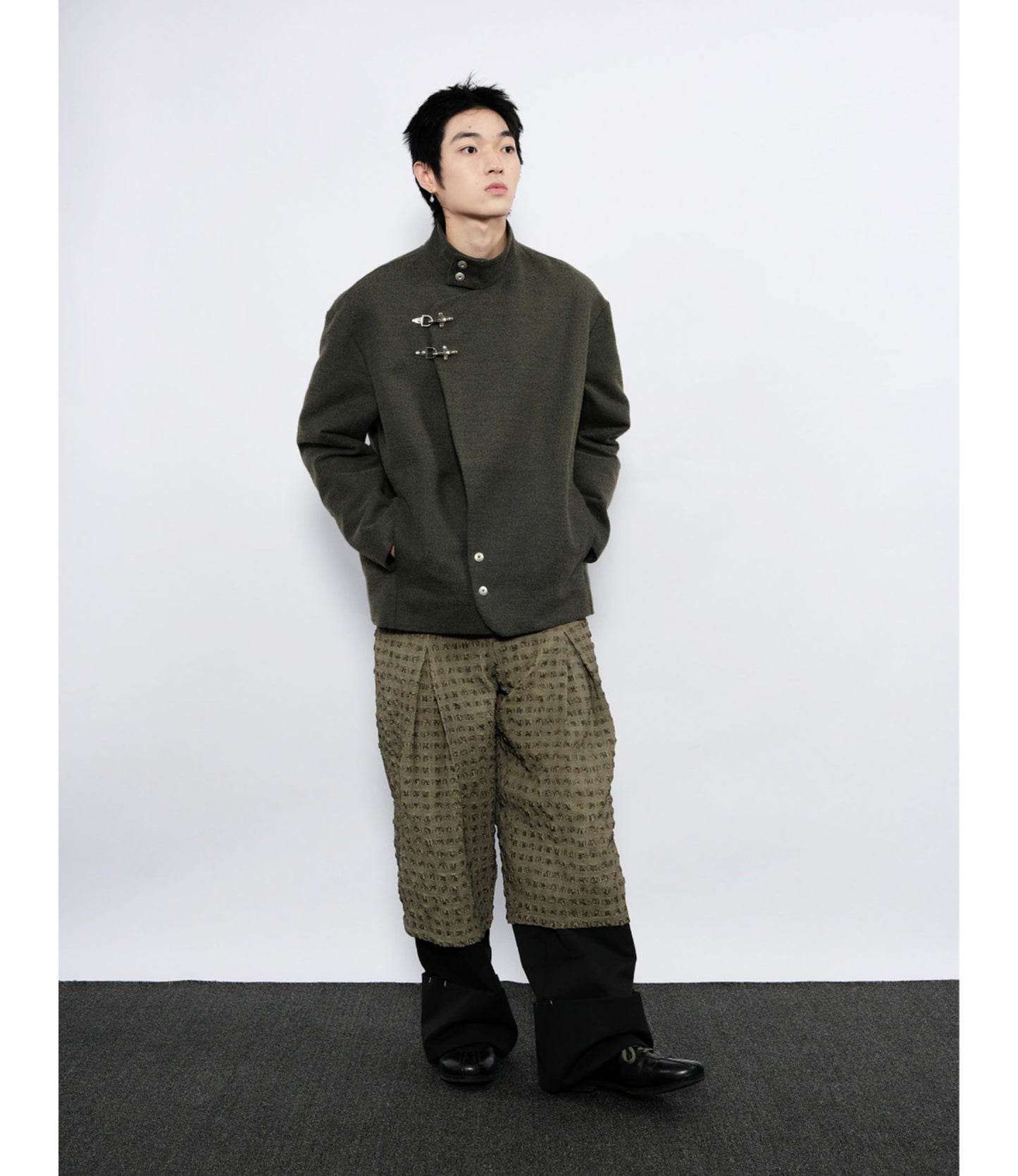 Wool jacket with diagonal front placket