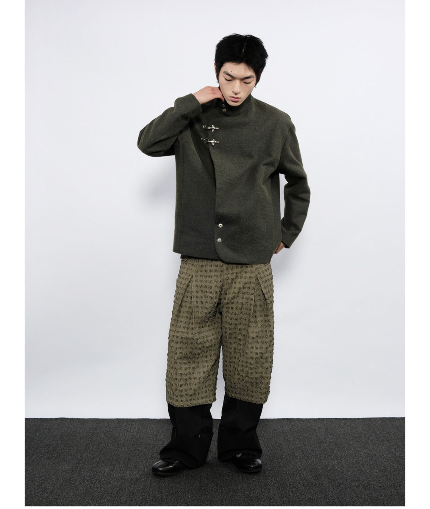 Wool jacket with diagonal front placket