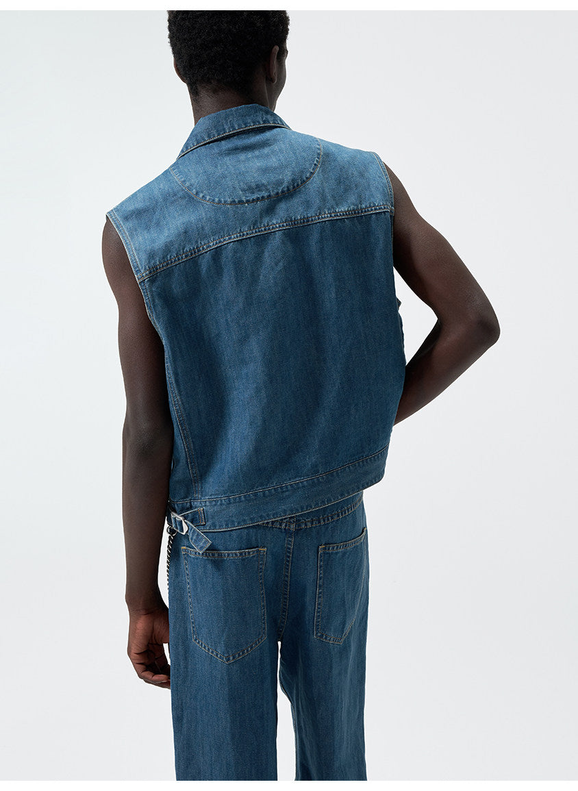 Cuban-Collar Short Denim Vest