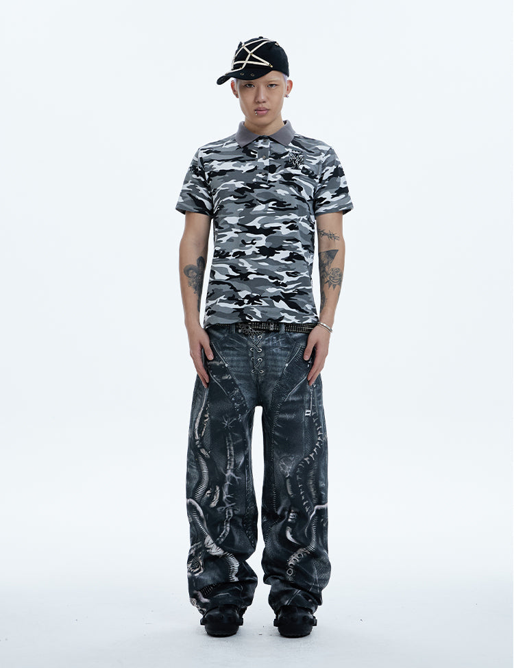 Oddly shaped pipe digital print Jeans