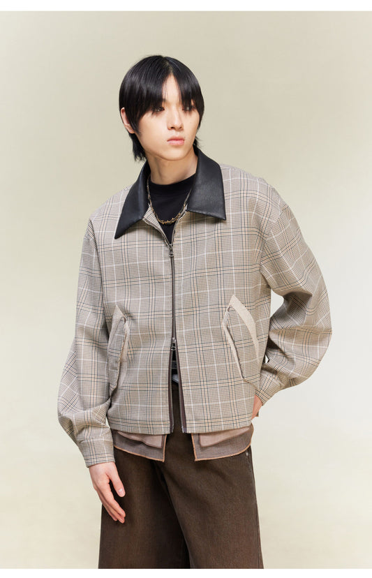 Chidori plaid leather collar jacket