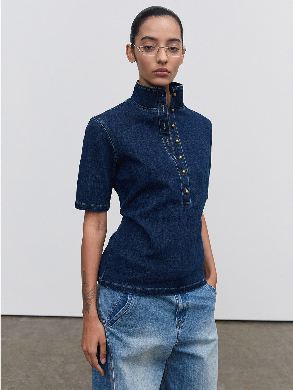 Half-open-front denim shirt