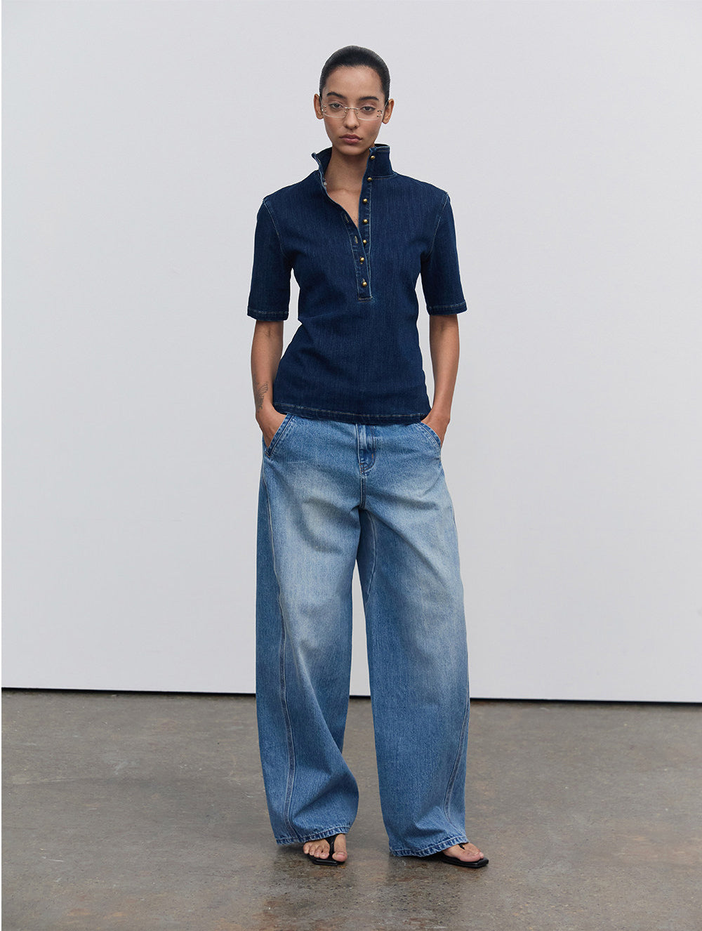 Half-open-front denim shirt