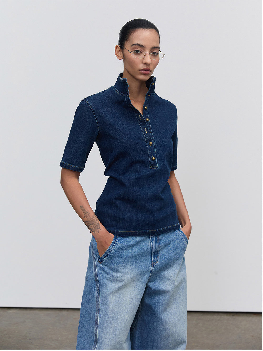 Half-open-front denim shirt