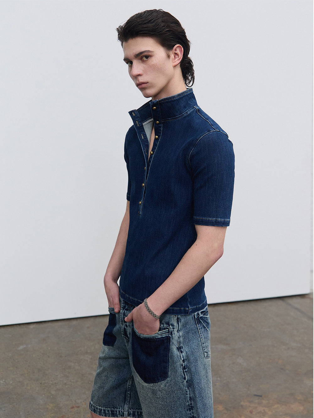 Half-open-front denim shirt