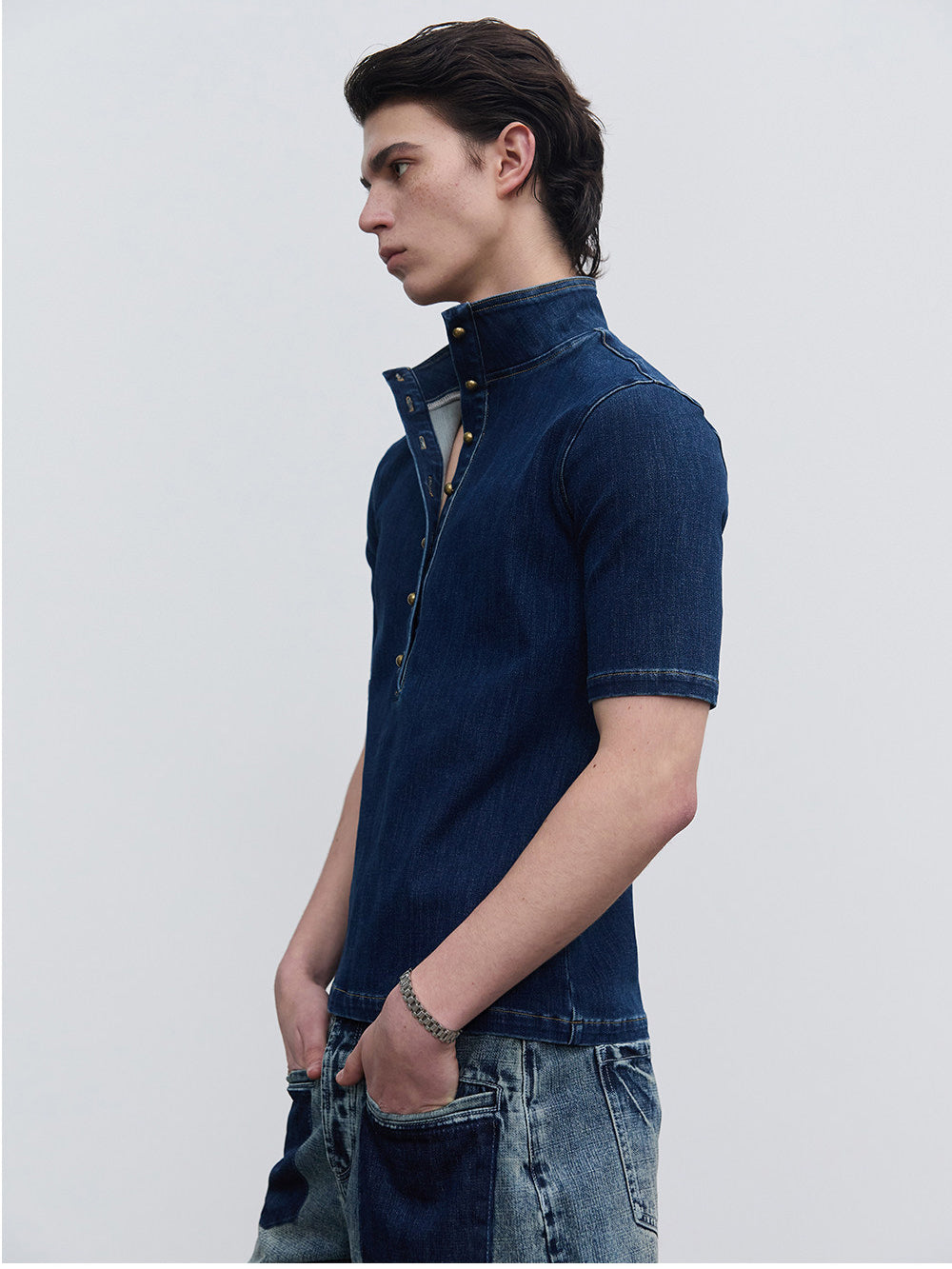 Half-open-front denim shirt