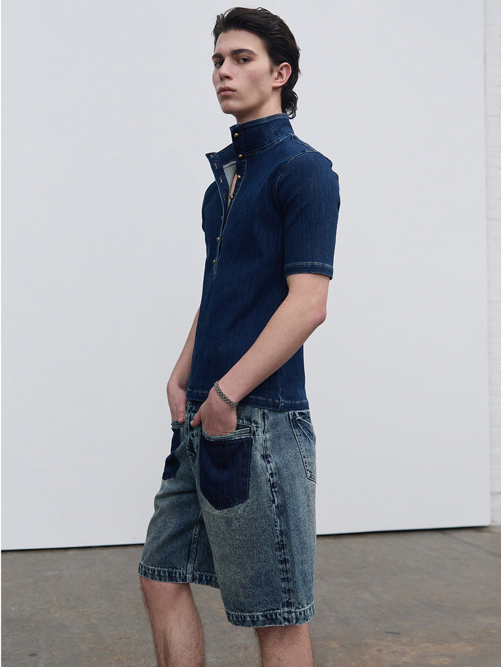 Half-open-front denim shirt