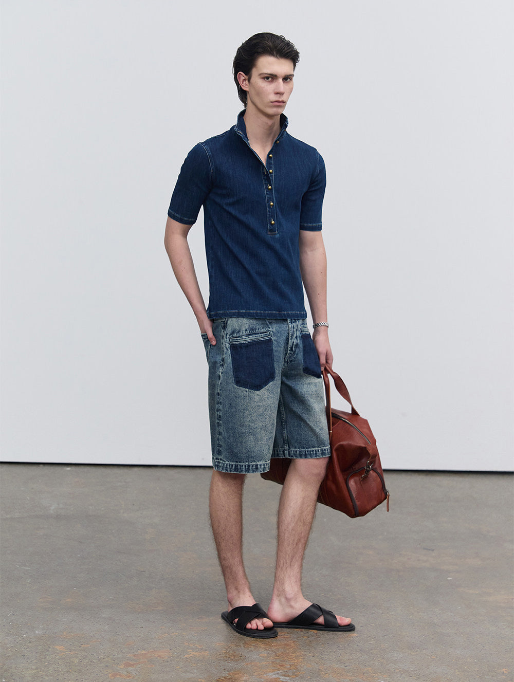 Half-open-front denim shirt