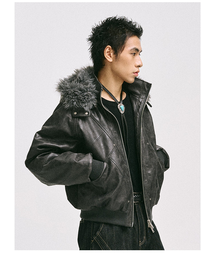 Short leather jacket with detachable hood