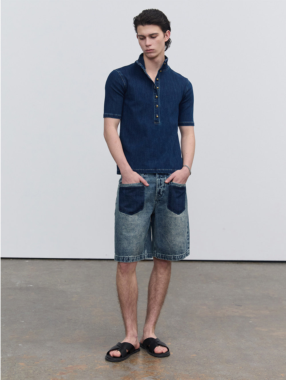 Half-open-front denim shirt