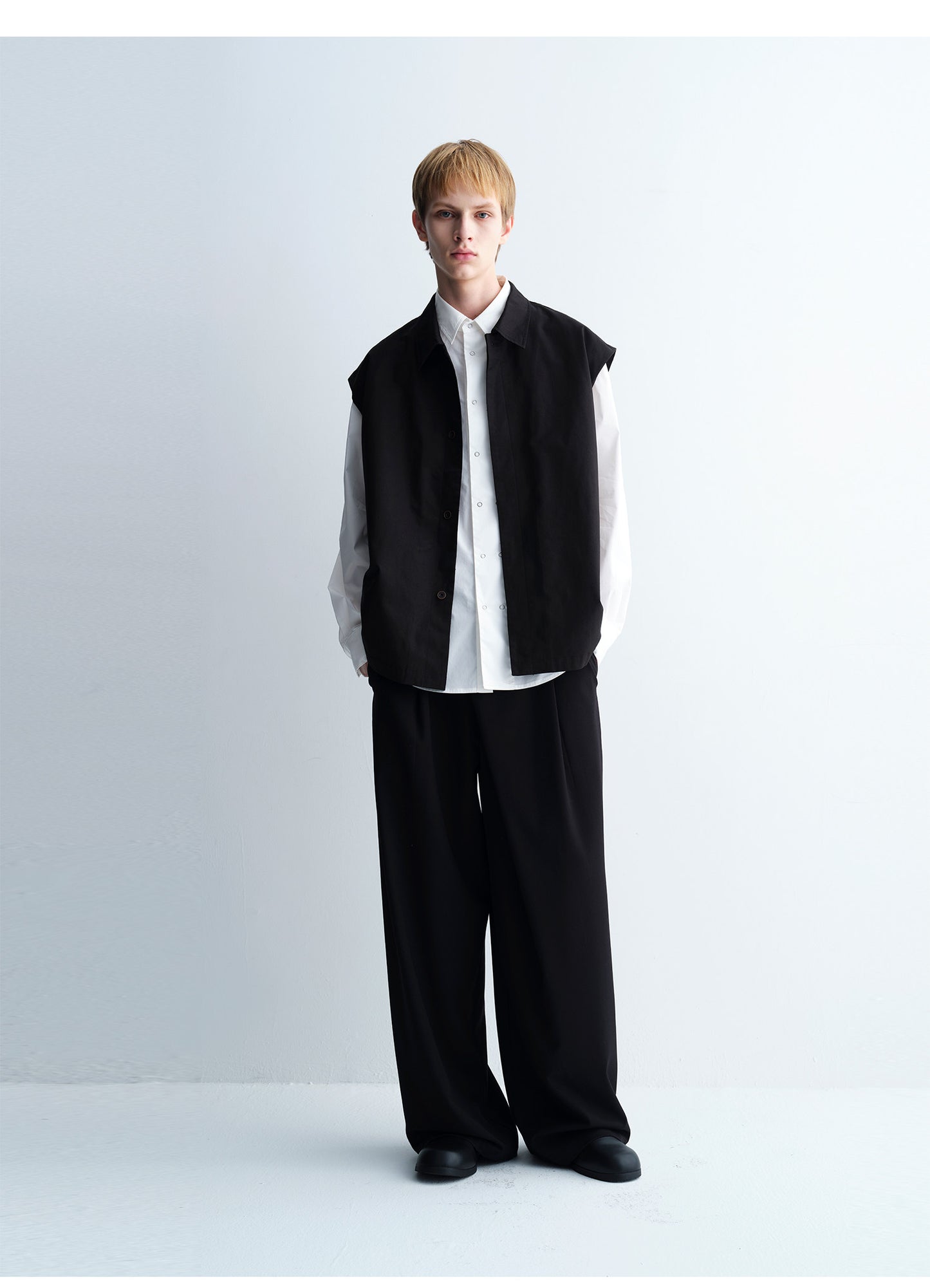 Double-Breasted Round-Hem Loose-Fit Shirt