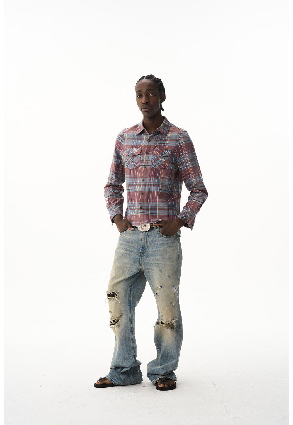 Short Check Embroidered Shirt