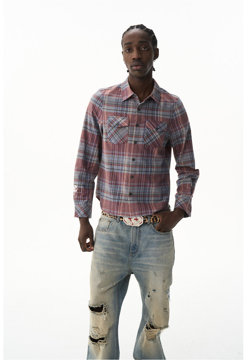 Short Check Embroidered Shirt