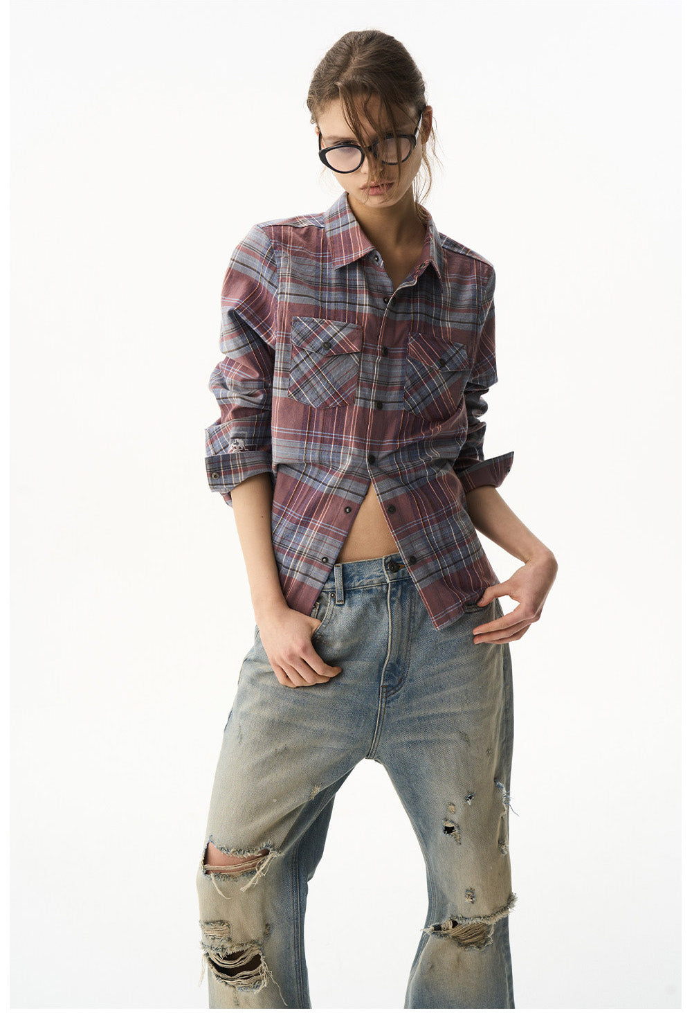 Short Check Embroidered Shirt