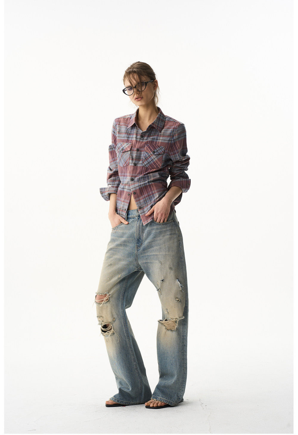 Short Check Embroidered Shirt