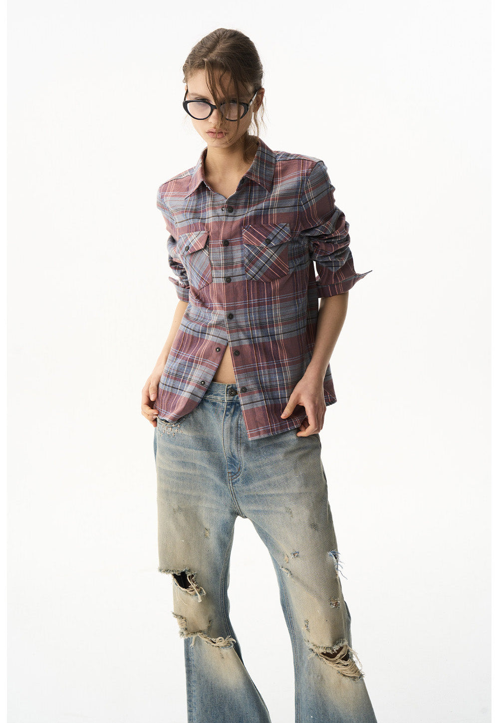 Short Check Embroidered Shirt