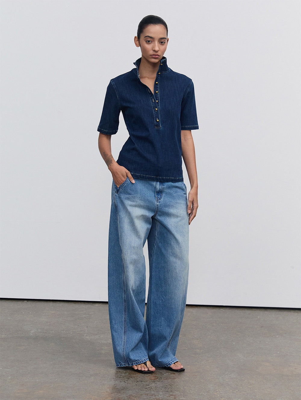 Half-open-front denim shirt