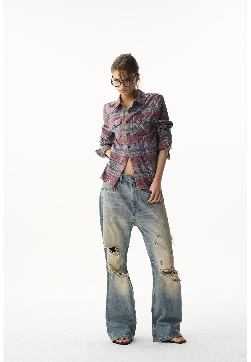 Short Check Embroidered Shirt