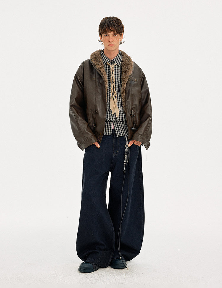 Horn Button Fur Collar Leather Jacket