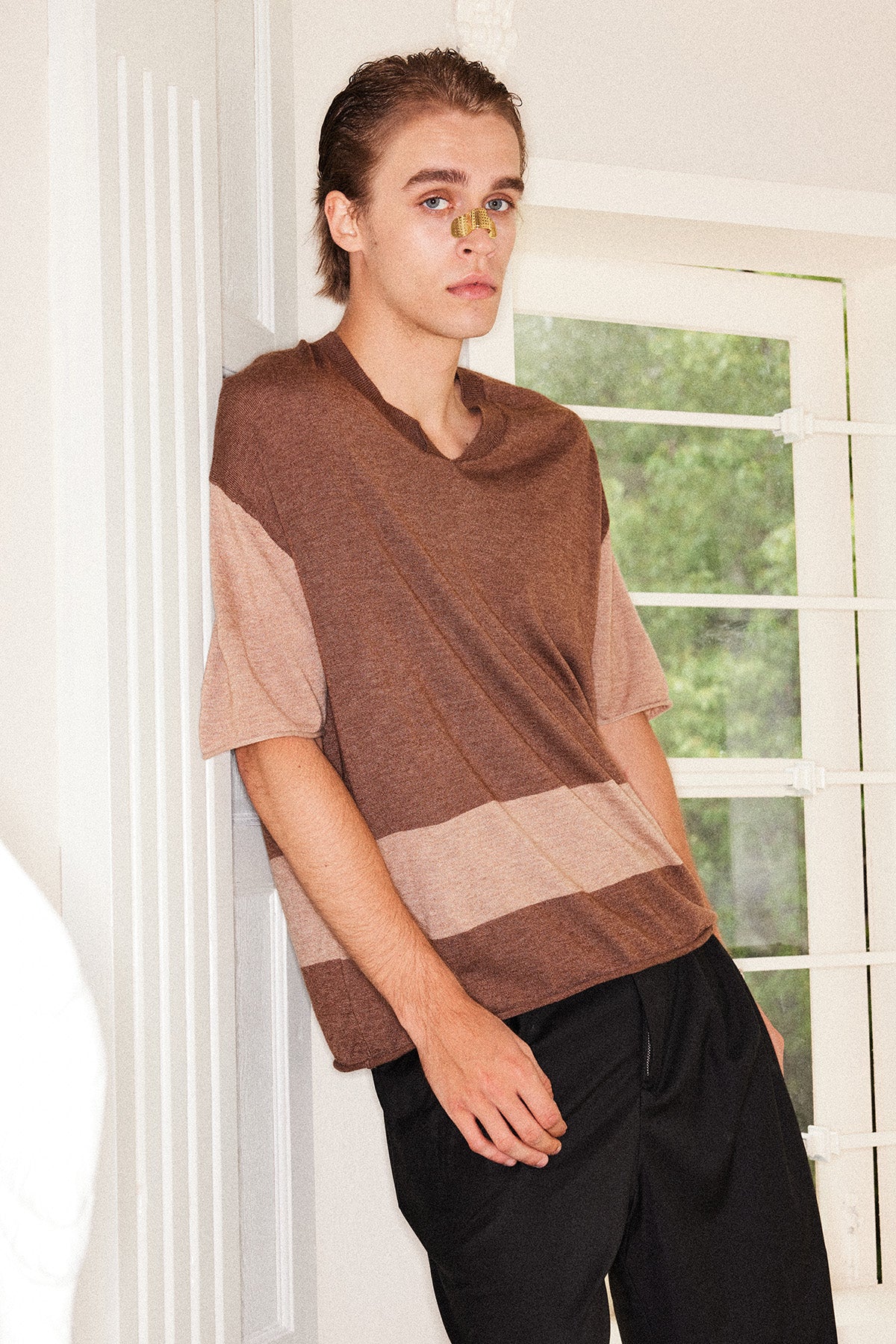 Beige and brown stitched wool T-shirt