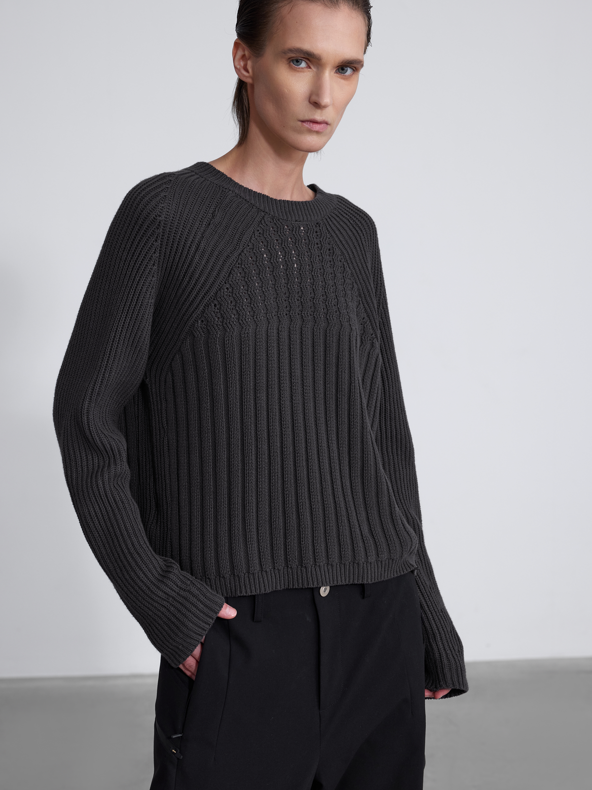 Openwork Raglan Short-Sleeve Knit Sweater