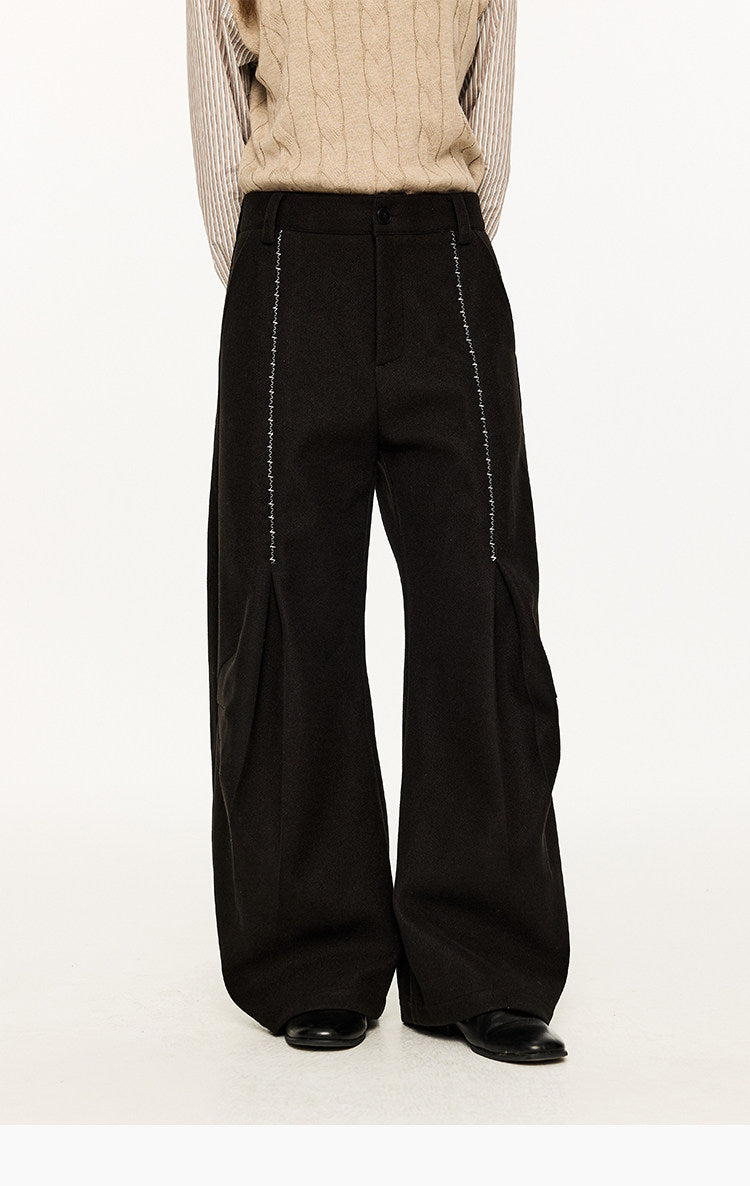 Hand-stitched embroidery wool pants