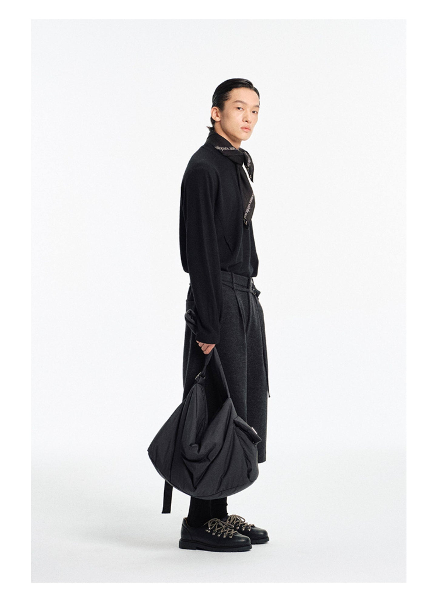 Wrinkle-Finish Nylon Multi-Pocket Shoulder Bag
