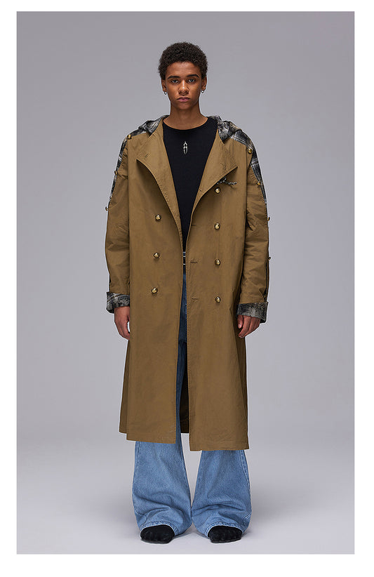 Checked loose hooded long coat