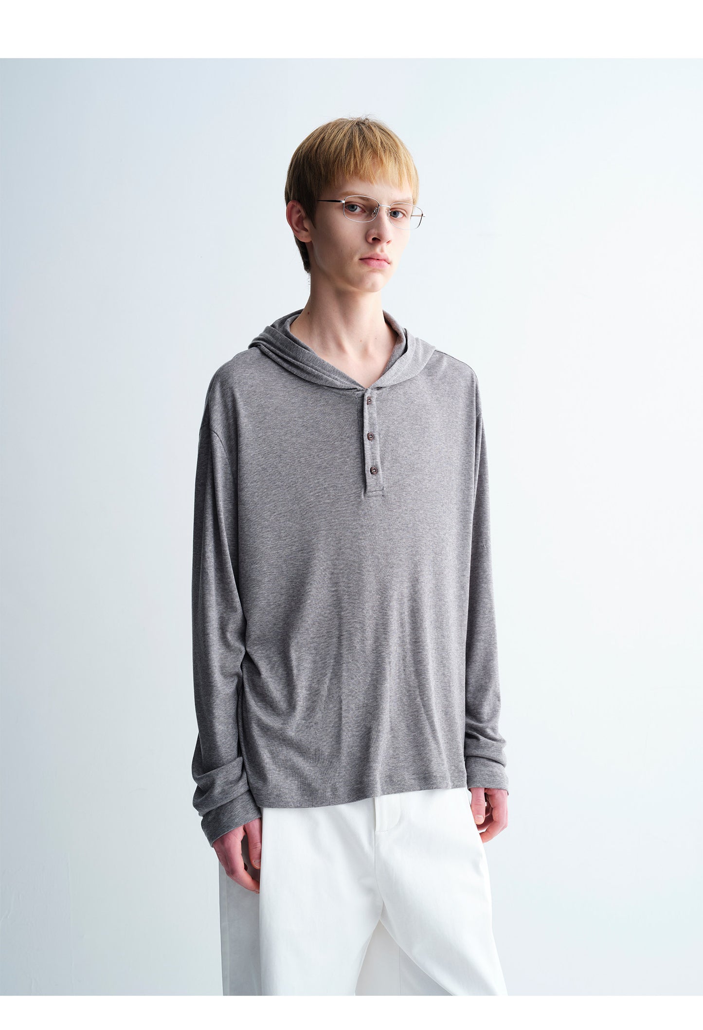 Drape Hooded Henley Collar T-Shirt