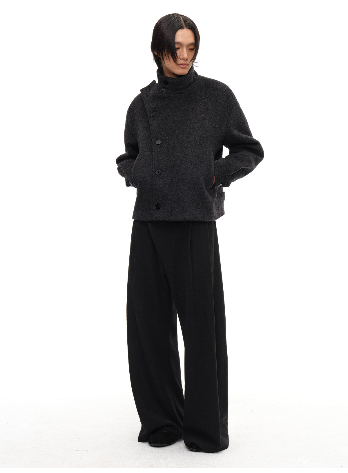 Collar-attached button-down wool jacket