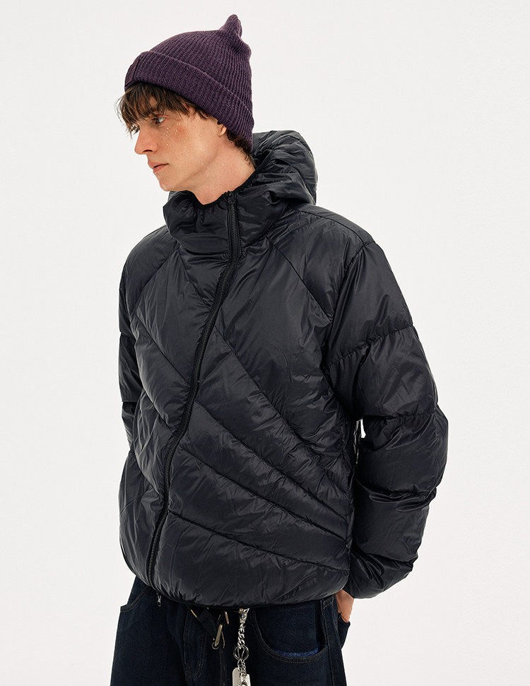 Diagonal Zipper Hooded Lightweight Down Jacket
