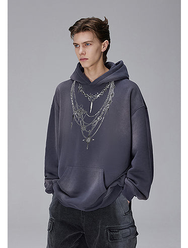 Washed Necklace Print Hooded Sweatshirt