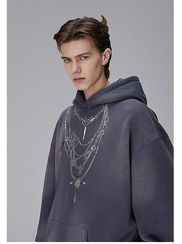 Washed Necklace Print Hooded Sweatshirt