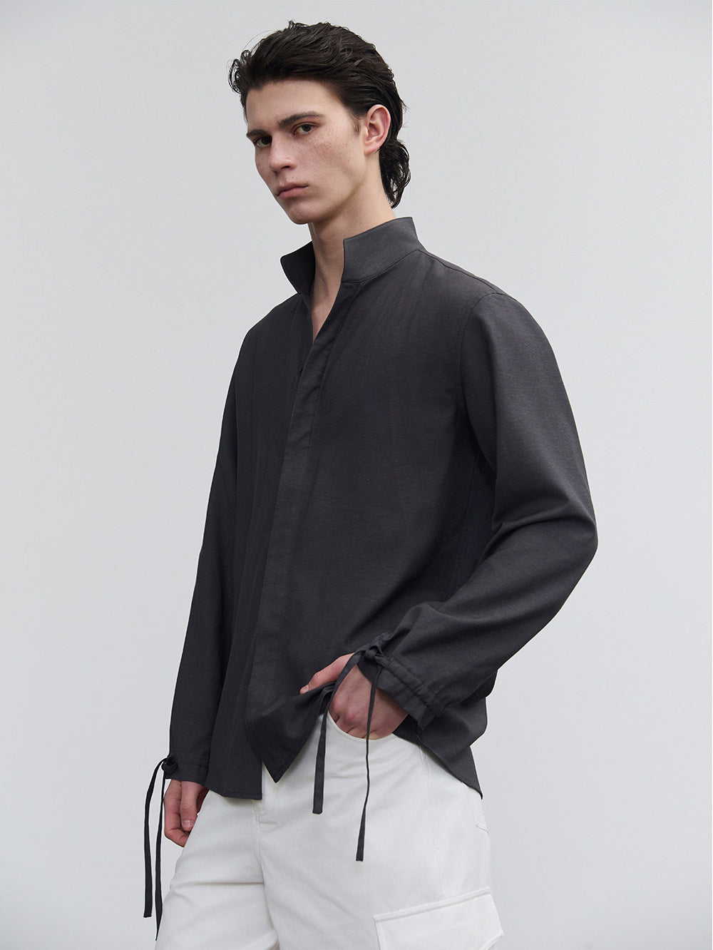 Casual Shirt with Stand Collar and Hidden Buttons