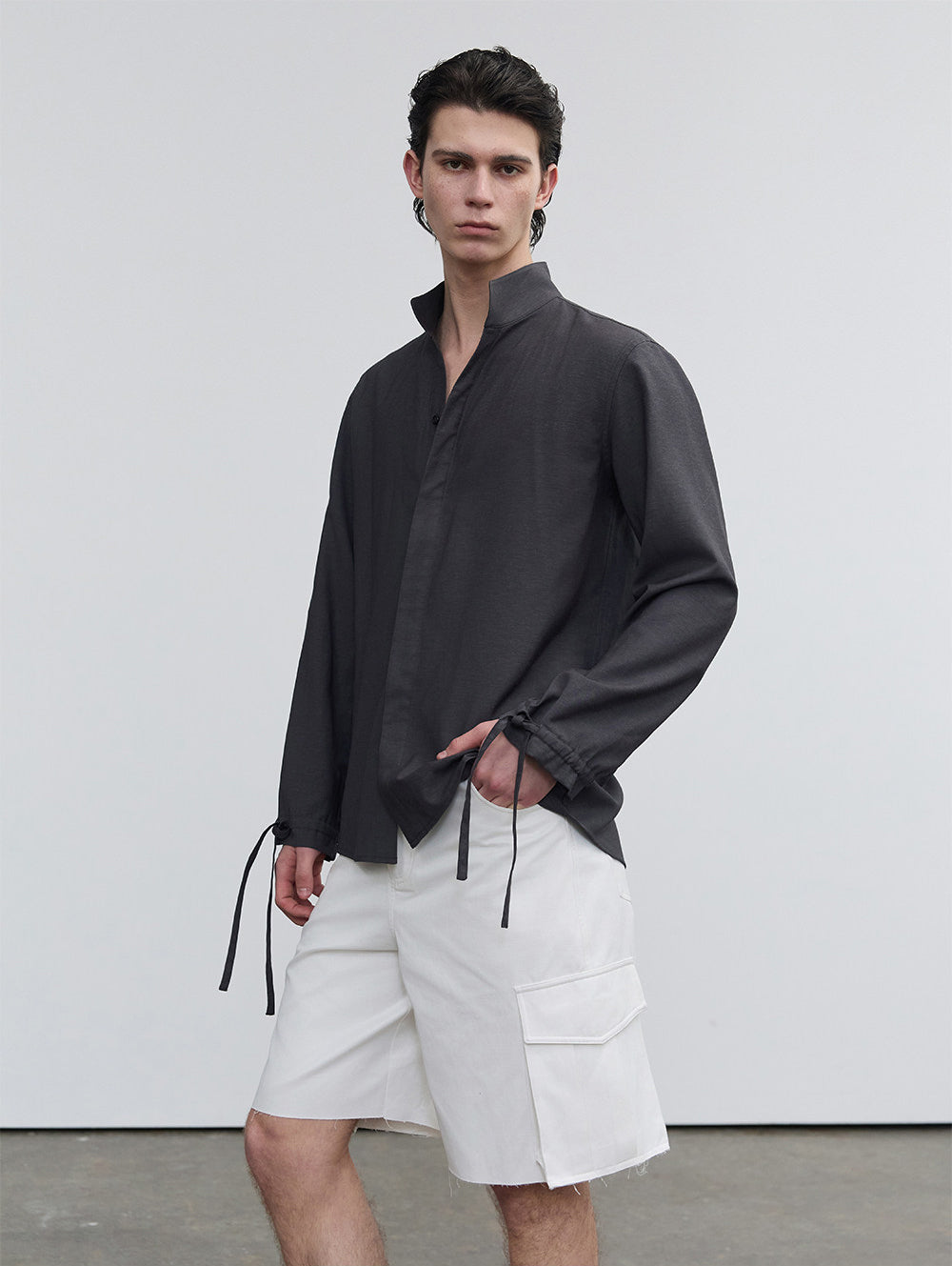 Casual Shirt with Stand Collar and Hidden Buttons