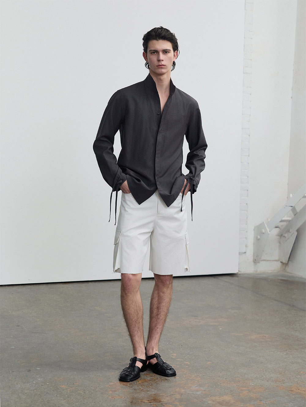 Casual Shirt with Stand Collar and Hidden Buttons