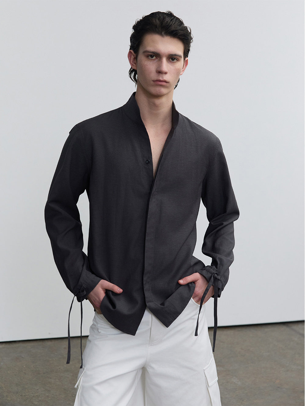 Casual Shirt with Stand Collar and Hidden Buttons