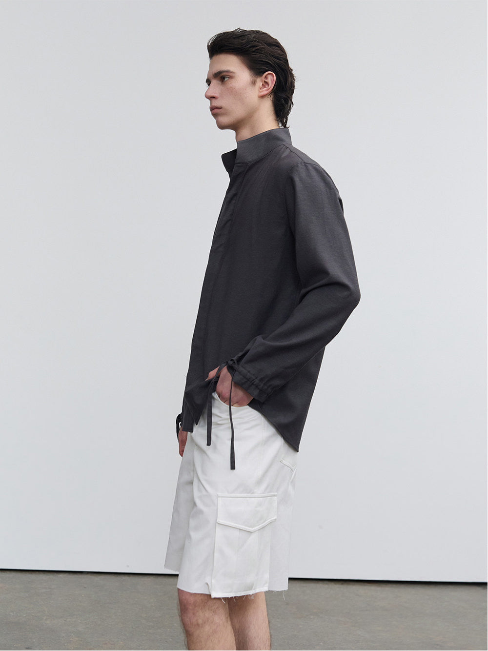 Casual Shirt with Stand Collar and Hidden Buttons
