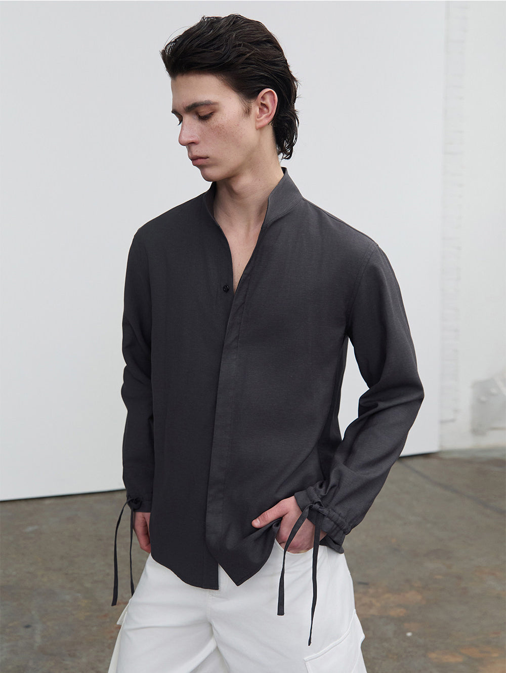 Casual Shirt with Stand Collar and Hidden Buttons