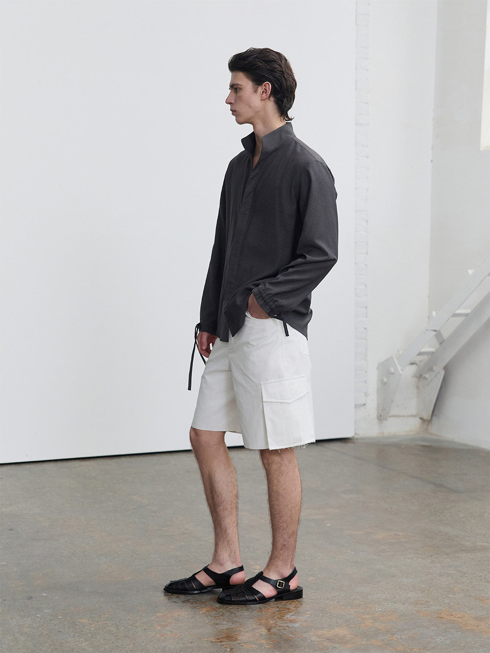 Casual Shirt with Stand Collar and Hidden Buttons