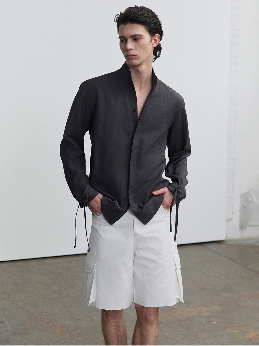 Casual Shirt with Stand Collar and Hidden Buttons