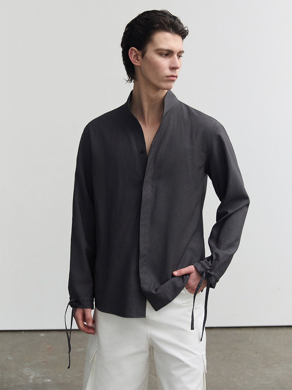 Casual Shirt with Stand Collar and Hidden Buttons